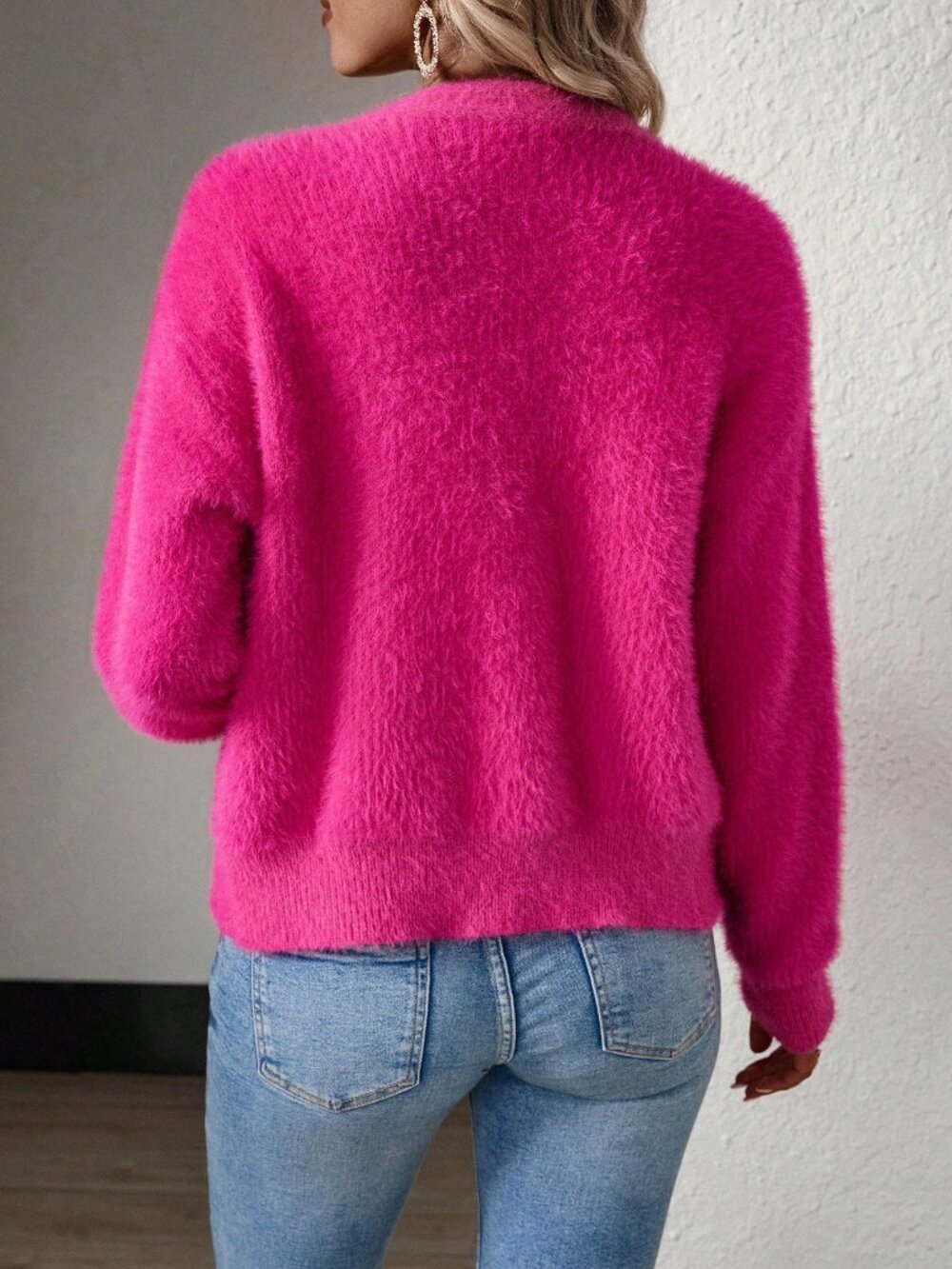 Hot Pink Casual Women's Drop Shoulder Button Front Fluffy Knit Cardigan - Picture 2 of 7